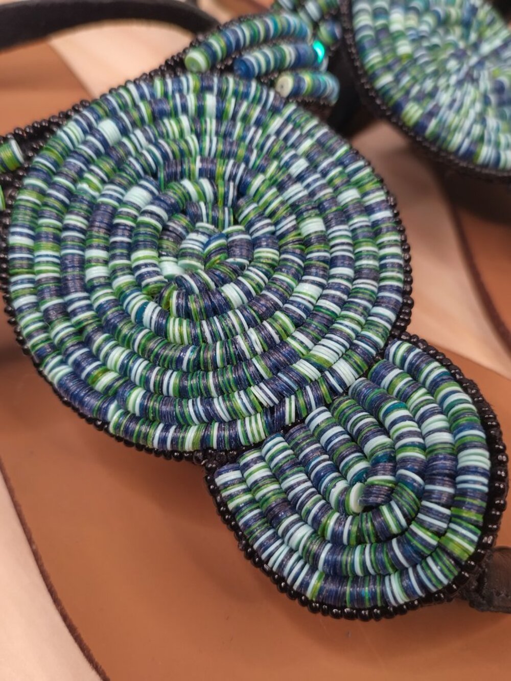 Sandals Blue & Green Beaded Leather Thong Strap Sandals Women US 9 - Picture 3 of 13
